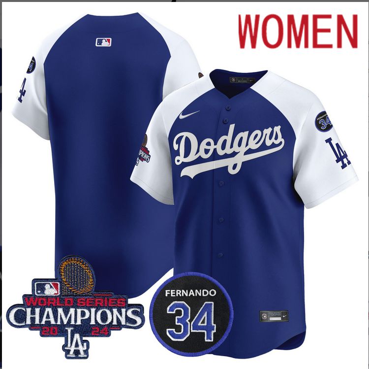 Women MLB Los Angeles Dodgers  blue white 2024 World Series Champions Patch Limited Jersey